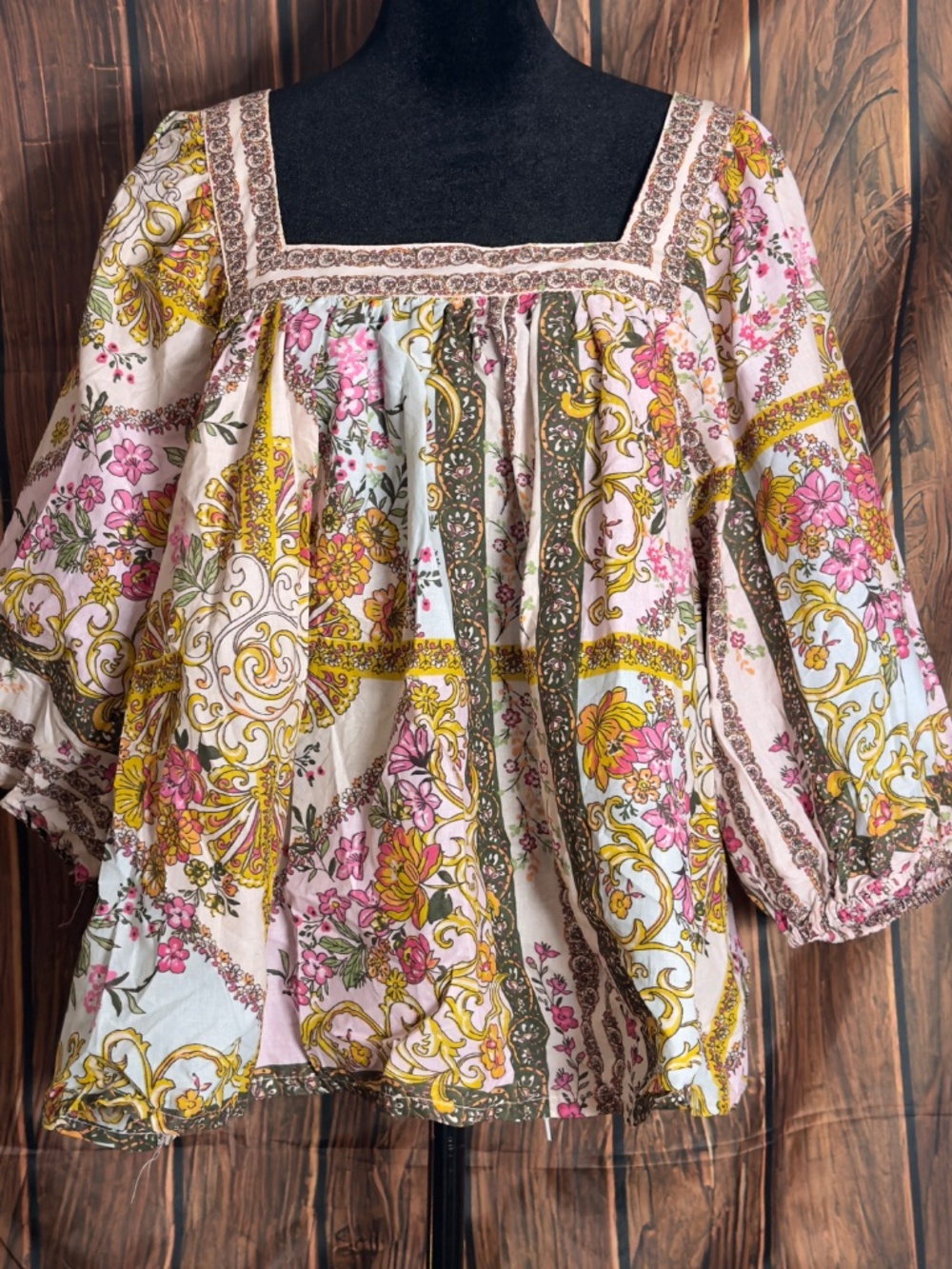 Rachel Zoe 2X Floral Paisley Blouse Cotton Square Neck Puff Sleeve Boho Top NWT